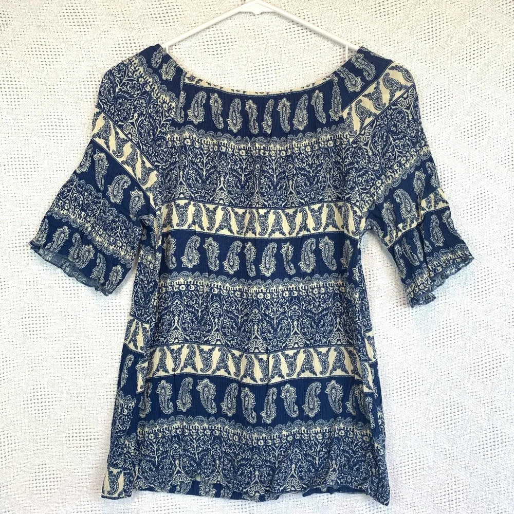 now n forever blue cream paisley pattern tunic shirt sleeve small tassels boho - Picture 2 of 5